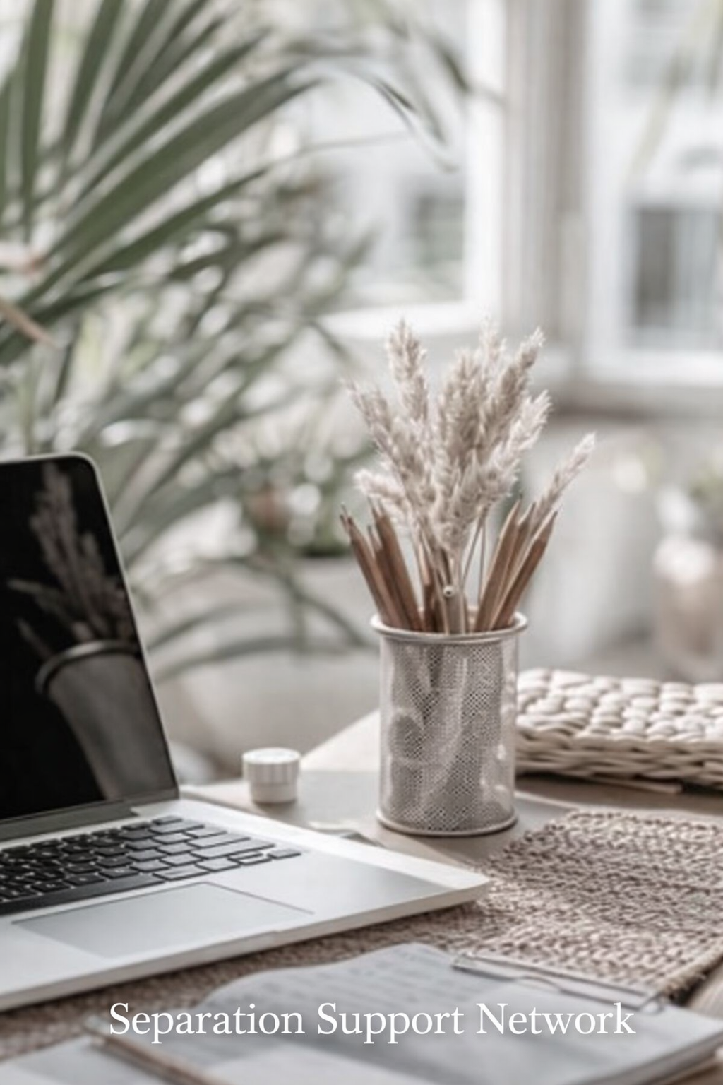 Calm workspace with laptop, dried grasses and notebook