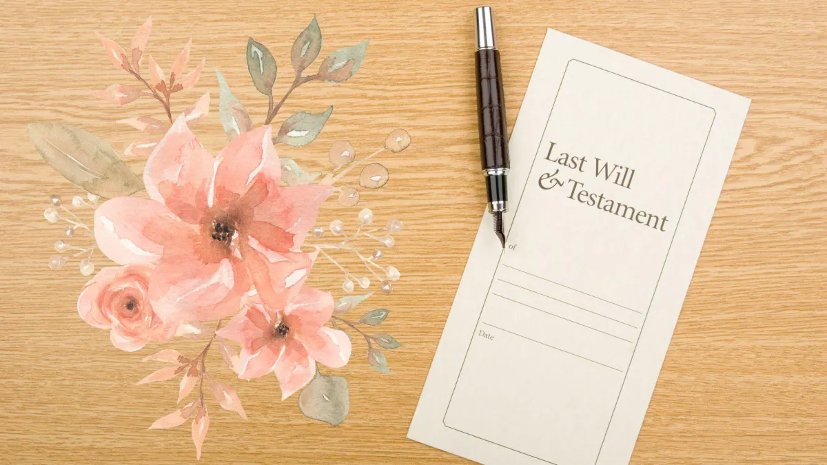Last Will and Testament document with a pen and watercolour floral illustration