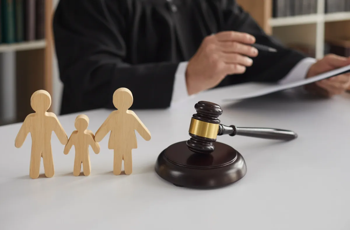 Wooden family figures next to a judge's gavel with a judge reviewing documents in the background