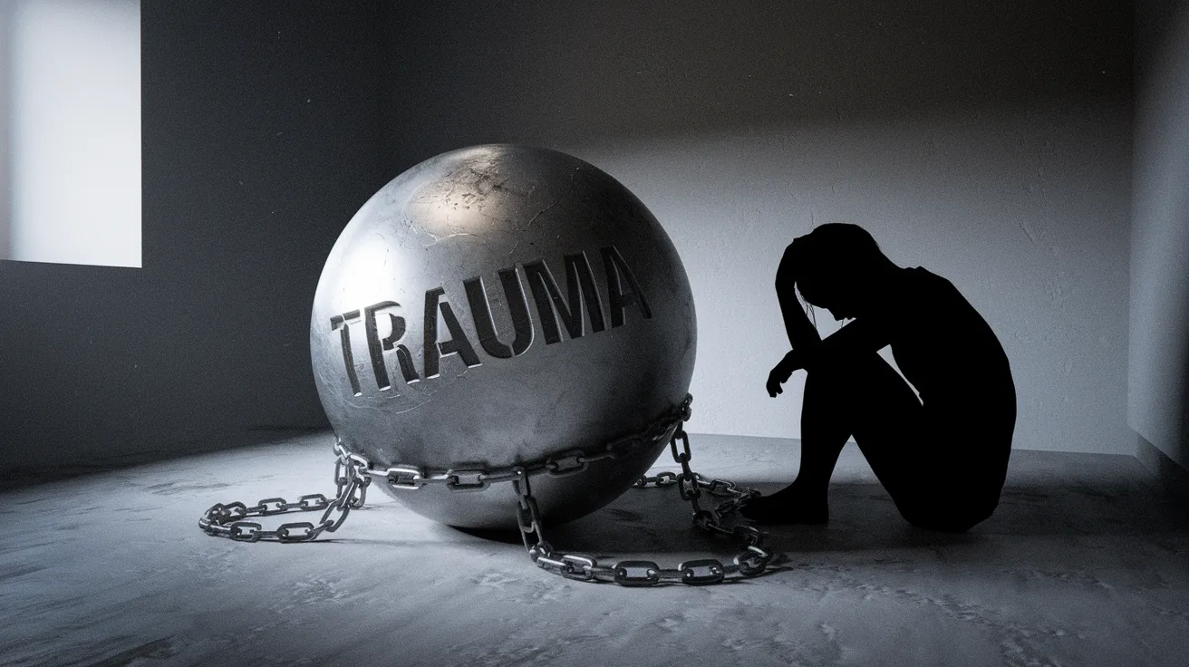 Silhouette of woman beside large metal ball engraved with the word Trauma