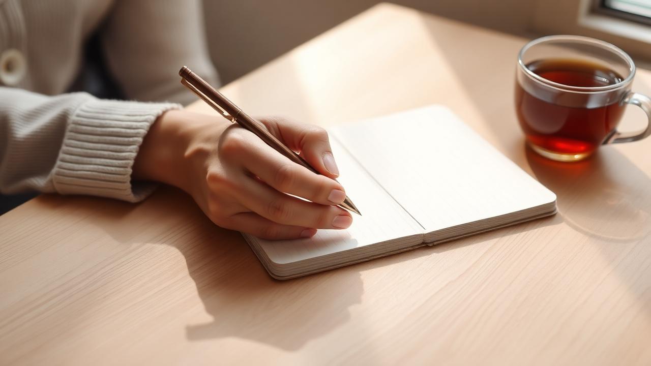 Woman writing in a notebook at a sunlit desk with a cup of tea