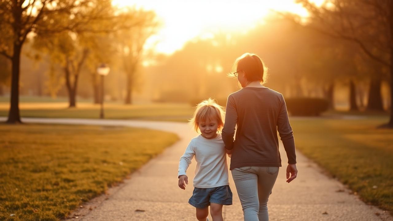A parent and young child walking together along a park path at golden hour