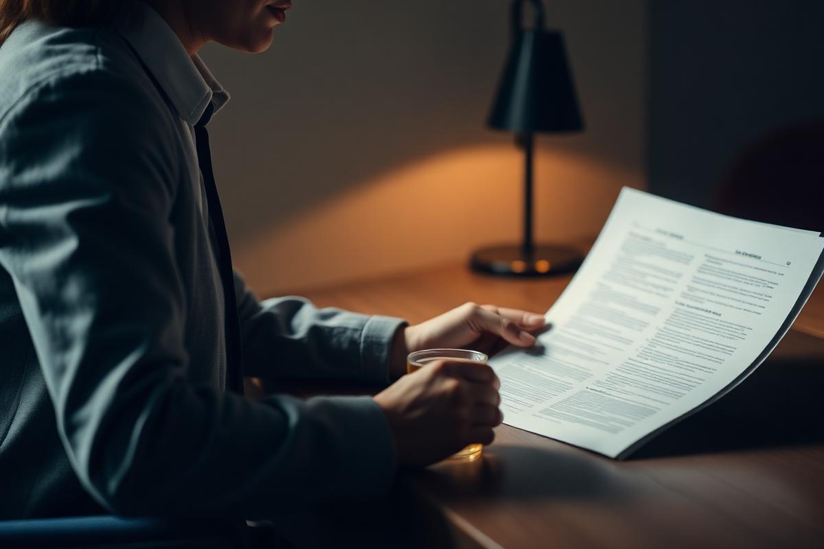 A person reading divorce paperwork at a desk with a warm cup of tea