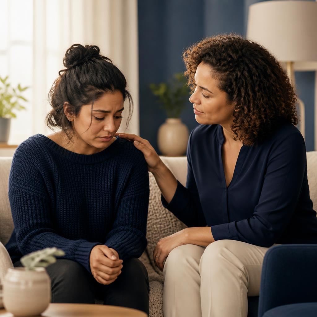 A woman being comforted and supported by another woman