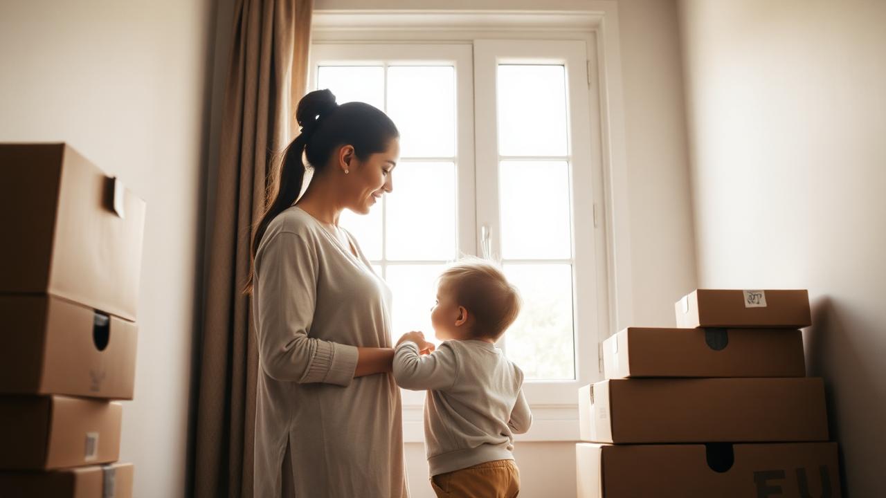 A mother and young child standing by a window with moving boxes nearby