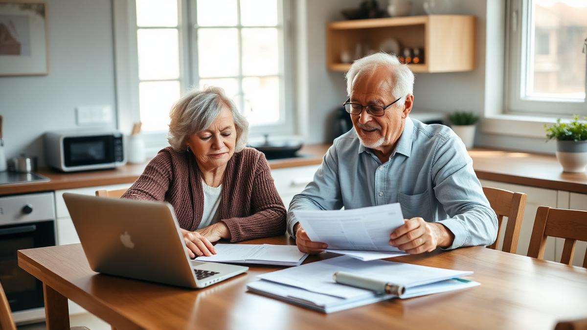 An older couple reviewing superannuation and estate paperwork at a kitchen table